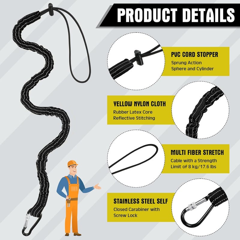 LEIFIDE 3 Pcs Tool Lanyard with Aluminum Screw Lock Buckle Retractable Bungee Cord 17.6lb 8kg Tough Adjustable Tether Tool Harness Fall Protection Tether for Construction(Black, Yellow, Orange) - Image 3